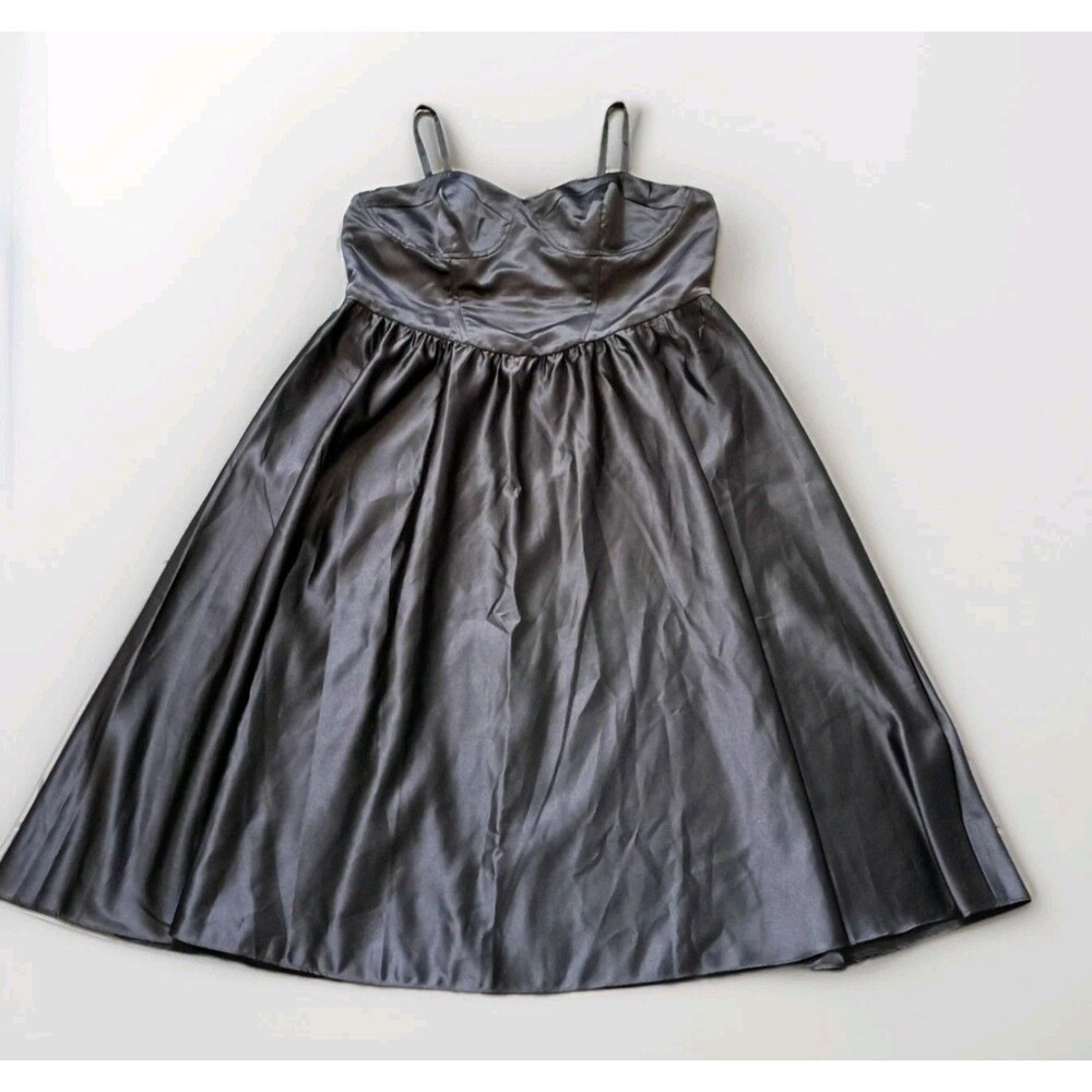 Corset Seam Full Skirt Black Satin A-Line Dress Adjustable Straps By DB Studio - Picture 7 of 13